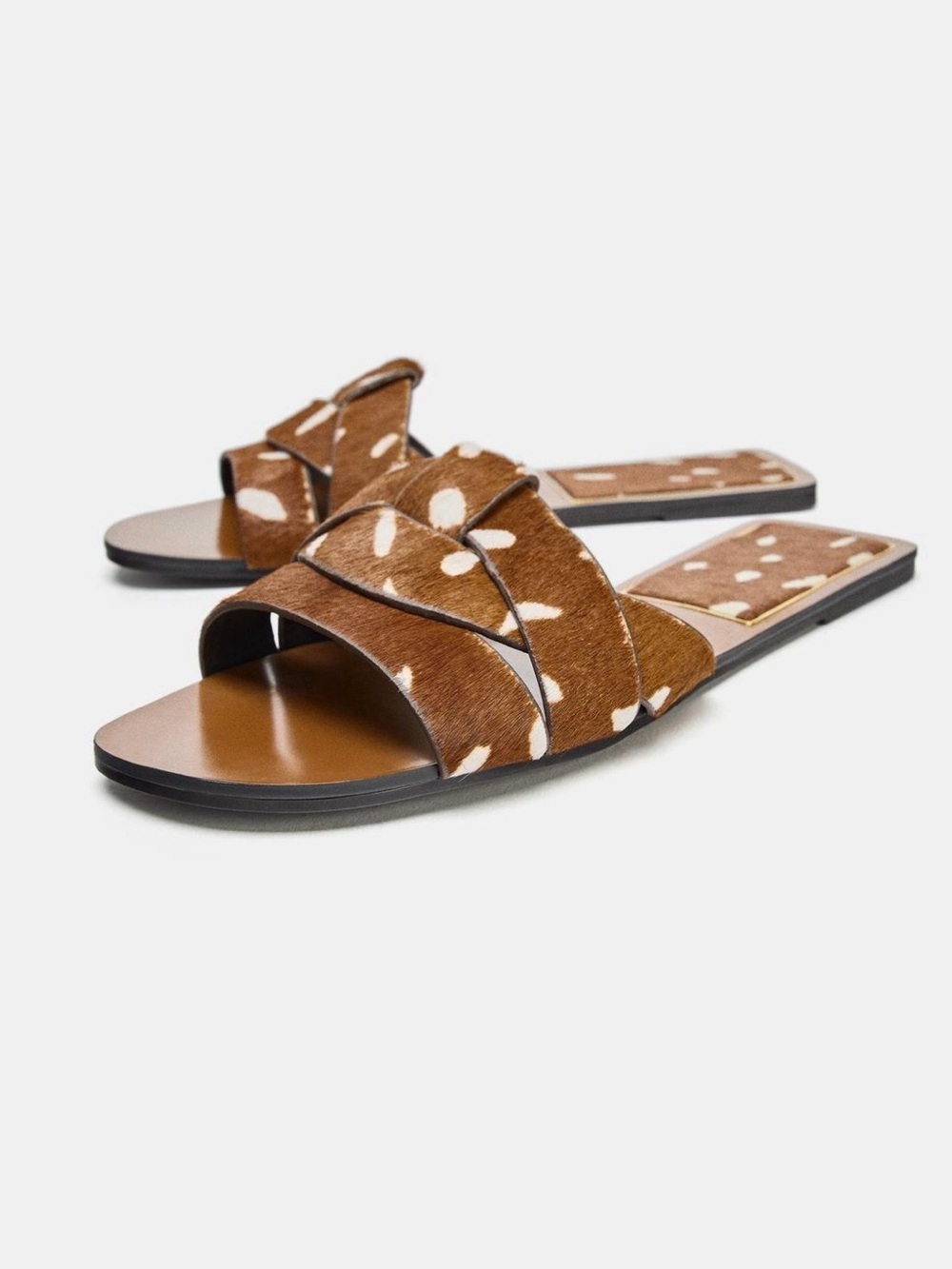 Zara NWT Brown Cow Print Faux Fur Cross Strap Flat Sandals - Picture 2 of 9